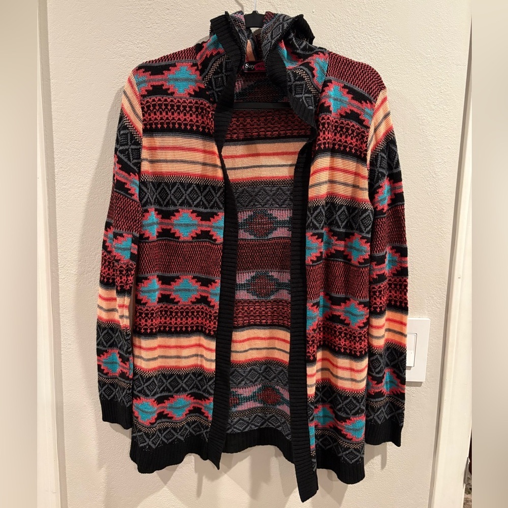Vintage Y2K  Say What? Cardigan Womens L Knit Hoodie Sweater Tribal Aztec EUC